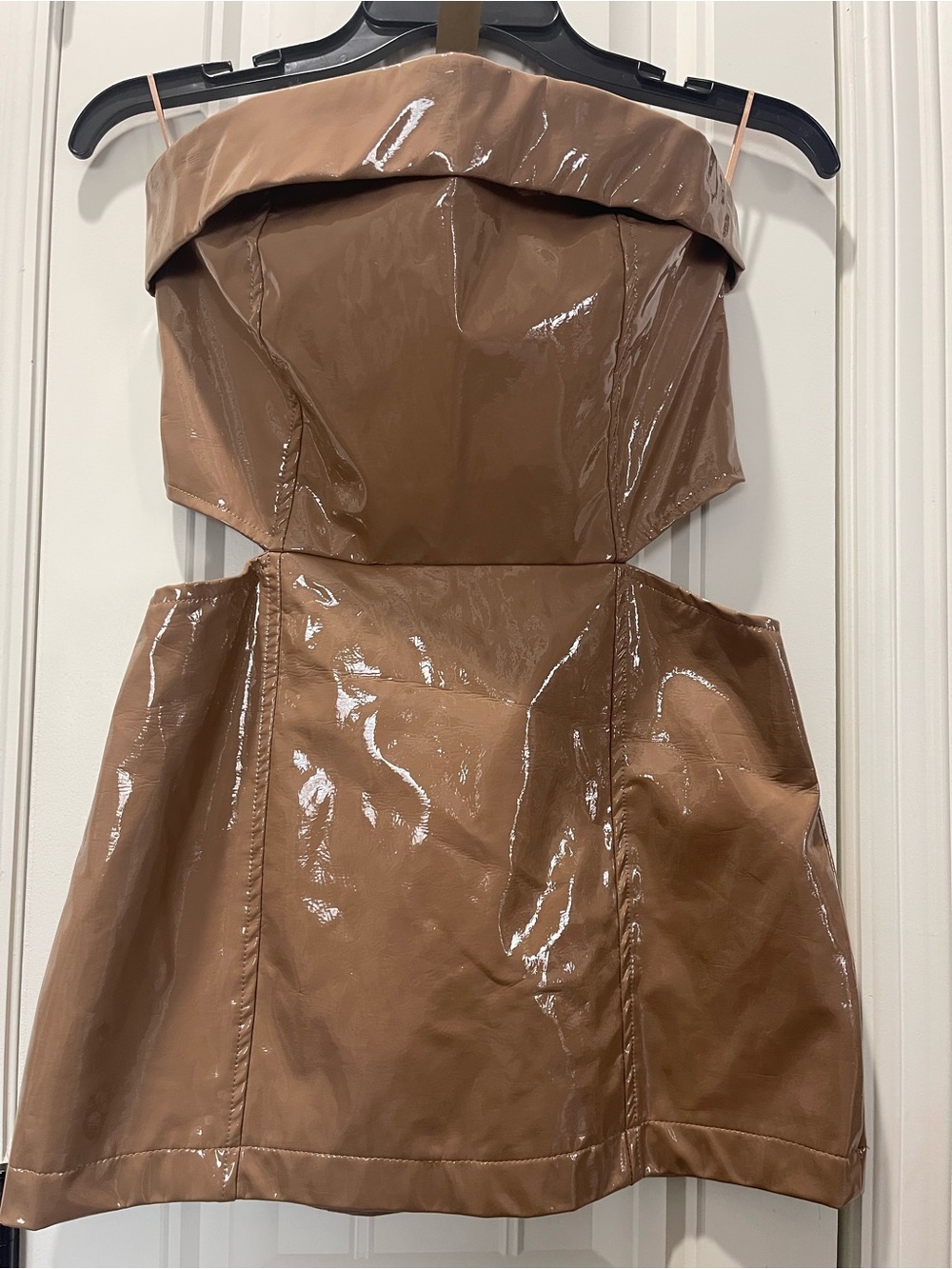 ILLA ILLA Strapless Patent Faux-Leather Mini Dress in Tan
